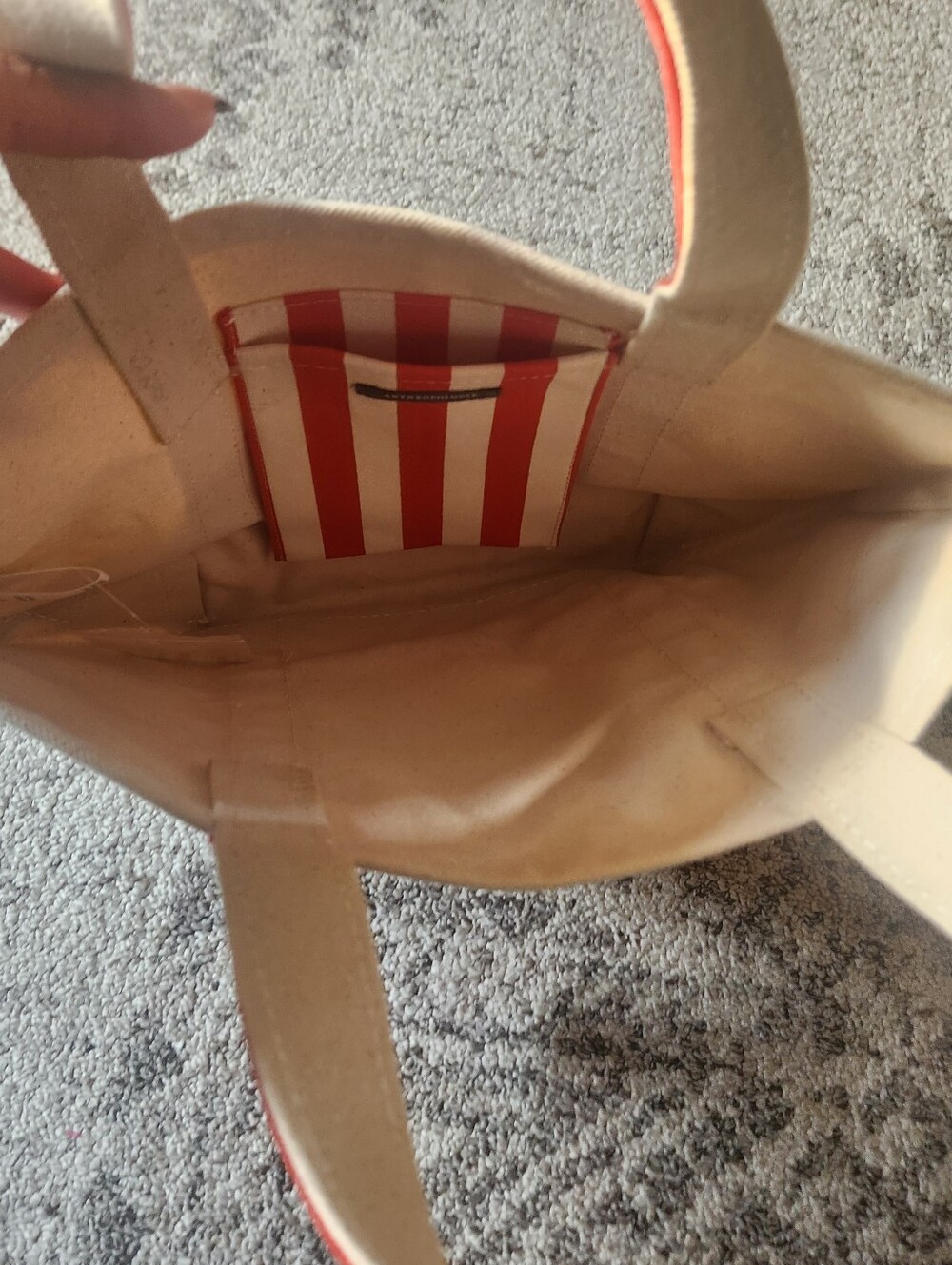 Anthropologie Cream Canvas Tote with Coral Trim and Beaded Cocktail Motif - Picture 5 of 11